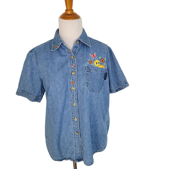 Vintage Y2K Looney Tunes Tweety Bird Shirt Button Front Denim Women Medium - Picture 2 of 11